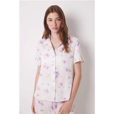 Pijama camisero soft touch blanco mariposas