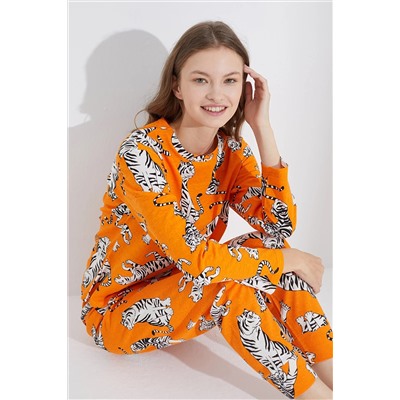 Siyah İnci turuncu kaplan Jogger Örme Pijama Takım 7703
