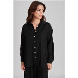 Suzi butik Kadın Keten Dokulu Bol Kesim Siyah Gömlek 4476
