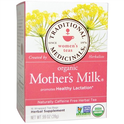 Traditional Medicinals, Органический чай "Материнское молоко", без кофеина, 16 индивидуально упакованных чайных пакетиков, 0,99 унции (28 г)