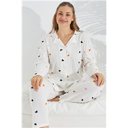 Siyah İnci beyaz kalp desen Curve Büyük Beden Battal boy Düğmeli Pamuklu Pijama Takımı 7687