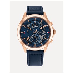 TOMMY HILFIGER SKELETON WATCH WITH NAVY LEATHER STRAP