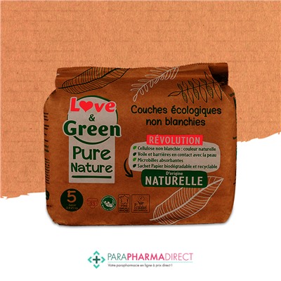 Love&Green Pure Nature - Couches Écologiques Non Blanchies - Taille 5 - 11 à 25kg - 33 couches
