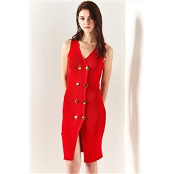 Olalook Kadın Kırmızı Düğme Detaylı Yırtmaçlı Likralı Triko Elbise ELB-19001909