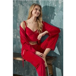 bie's Kadın Kırmızı Crop Fransız Kadife Sabahlıklı Dantel Detaylı Bralet Pijama Takımı 3lü Set PRA-9378022-027128