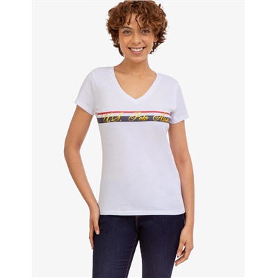 V-NECK STRIPE FOIL GRAPHIC T-SHIRT