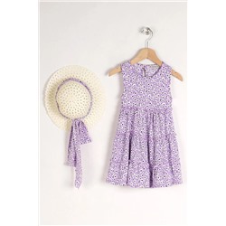 zepkids Kız Çocuk Lila Renkli Çiçek Desenli Şapka Aksesuarlı Elbise 1029194