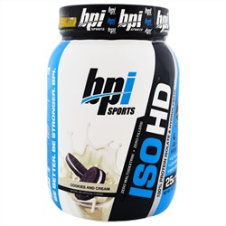 BPI Sports, ISO HD, 100%-ный изолят и гидролизат сывороточного белка, печенье и сливки, 1,6 фунта (740 г)