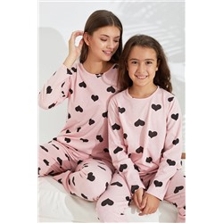 Siyah İnci somon kalp desenli Pamuklu Pijama Takımı 7693