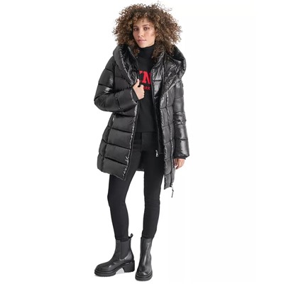 DKNY Women's Bibbed Shawl-Collar Packable Shine Puffer Coat