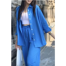 Suzi butik Kadın Mavi Keten Dokulu Bol Kesim Mavi Gömlek 4476