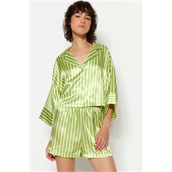 TRENDYOLMİLLA Çok Renkli-Yeşil Çizgili Saten Gömlek-Şort Dokuma Pijama Takımı THMSS23PT00052