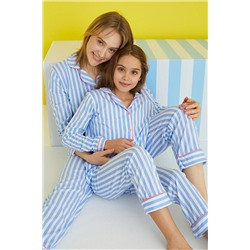Siyah İnci mavi beyaz çizgili Düğmeli Biyeli Örme Pijama Takım 7588