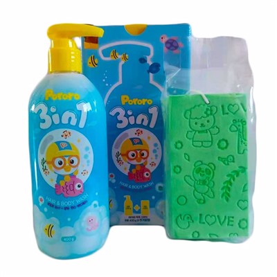 PORORO Универсальное средство для купания детей 3в1 + губка для мытья(400мл + 1шт) PORORO 3 IN 1 HAIR+BODY WASH + BATH SPONGE (400ml + 1EA)