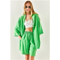 Olalook Kadın Fıstık Yeşili Şortlu Kimono Takım TKM-19000216