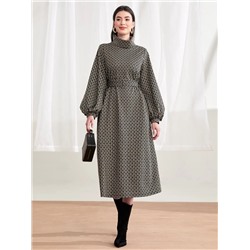 SHEIN Mulvari Allover Print Lantern Sleeve Belted Sweatshirt Dress