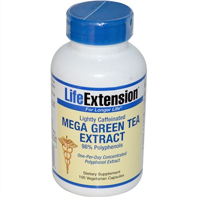 Life Extension, Мега экстракт зеленого чая, небольшое содержание кофеина, 100 растительных капсул