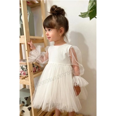 penu baby kids Beyaz Uzun Tül Kol Detaylı Tütülü Kız Bebek Elbise - Cinderella Tülkol