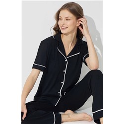 Siyah İnci Kadın Siyah-beyaz Kısa Kollu Pamuklu Düğmeli Biyeli Pijama Takım 7352