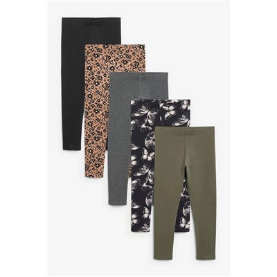 Khaki Green/Charcoal Grey/Purple Butterfly Leggings 5 Pack (3-16yrs)