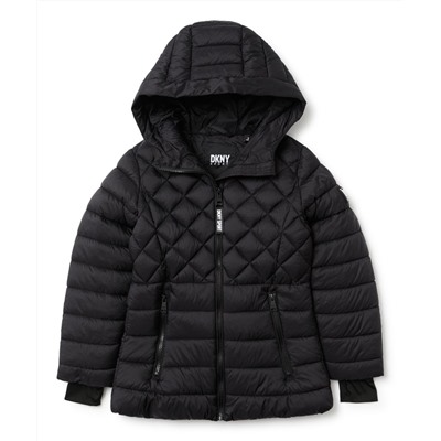 Black Diamond Quilted Hooded Jacket - Girls DKNY