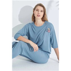 Siyah İnci indigo Soft Touch İnce Örme Nakışlı Pijama Takım 7626