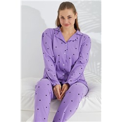 Siyah İnci lila puan desen Curve Büyük Beden Battal boy Düğmeli Pamuklu Pijama Takımı 7617