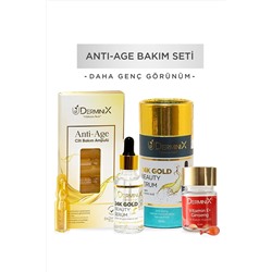 Derminix Anti-age Bakım Seti - 24k Gold Beauty Serum, Anti-Age Ampul, E Vitamini+Ginseng Kapsül TX29B35BE832