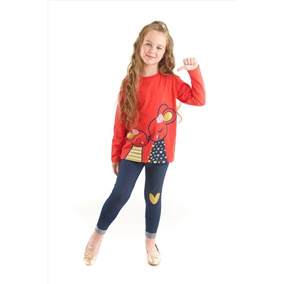 Denokids Sevimli Fare Kız Çocuk Kırmızı T-shirt Lacivert Tayt Takım CFF-22S1-049