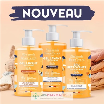 BeauTerra Bébé - Gel Lavant Certifié BIO - Non Parfumé - Corps & Cheveux 750 mL