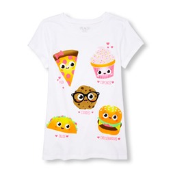 Girls Short Sleeve 'Pizza Cupcakes Cookies Tacos Cheeseburgers' Food Emoji Graphic Tee