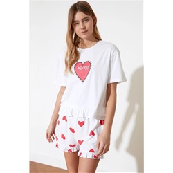 TRENDYOLMİLLA Çok Renkli Kalp Baskılı Pamuklu T-shirt-Şort Örme Pijama Takımı THMSS21PT0467