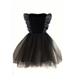 Shecco Babba Kız Çocuk Deri Detaylı Siyah Tütü Elbise Doğum Günü Elbisesi SHL202006