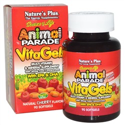 Nature's Plus, Source of Life, «Парад животных», Витагели, добавка с мультивитаминами и минералами, натуральный вишневый вкус, 90 мягких желатиновых капсул