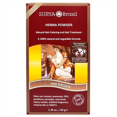 Surya Henna, Henna Brazil, Natural Hair Coloring and Hair Treatment Powder, Ash Brown, 1.76 oz (50 g)