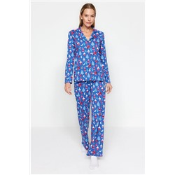 TRENDYOLMİLLA Mavi %100 Pamuk Yılbaşı Temalı Gömlek-Pantolon Örme Pijama Takımı THMAW24PT00054