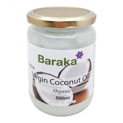 BARAKA Organic coconut oil Масло кокосовое органическое в стеклянной банке 500г