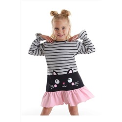 Denokids Siyah Kedi Gri Pembe Kız Çocuk Elbise CFF-21K1-023