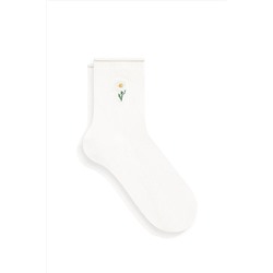 MaviÇiçek Nakışlı Beyaz Soket Çorap 1911371-34523