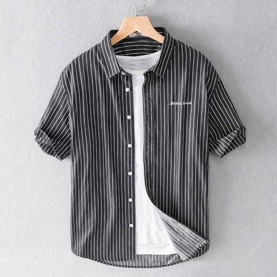 Японская полосатая вышитая рубашка с короткими рукавами, мужская летняя повседневная универсальная молодежная рубашка