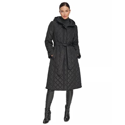 DKNY Women's Hooded Belted Quilted Coat