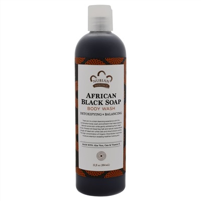 Nubian Heritage, Африканских черное мыло, средство для мытья тела, детоксификация и балансировка, 13 жидких унций (384 мл)