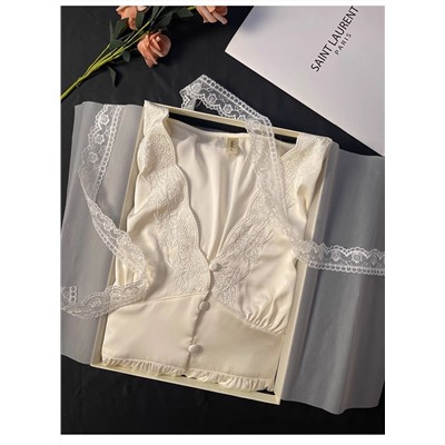 Французская легкая роскошная ночная сорочка высокого класса на пуговицах с кружевными вставками из 100% -го шелка