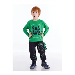 Denokids Tırtırlı Dinozor Erkek Çocuk Yeşil T-shirt Lacivert Pantolon Takım CFF-20K1-015