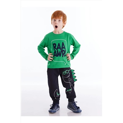 Denokids Tırtırlı Dinozor Erkek Çocuk Yeşil T-shirt Lacivert Pantolon Takım CFF-20K1-015