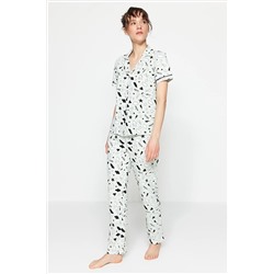TRENDYOLMİLLA Mint Biyeli Grafik Baskılı Pamuklu Gömlek-Pantolon Örme Pijama Takımı THMSS19IP0037