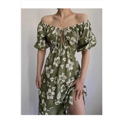 MAİ COLLECTİON Monica Yeşil Çiçekli Keten Elbise 1002