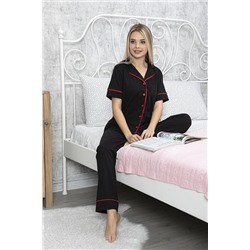 MyBen Kırmızı Şeritli Gömleği Düğmeli Pamuklu Siyah Renkli Yeni Sezon Kadın Pijama Takımı 70012