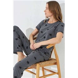 Siyah İnci Antrasit Siyah Yıldız Kısa Kollu Pamuklu Pijama Takımı 7672