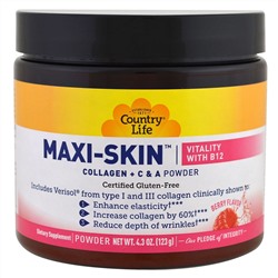 Country Life, Maxi-Skin, Vitality с витамином B12, аромат ягод, порошок, 4.3 унции (123 г)